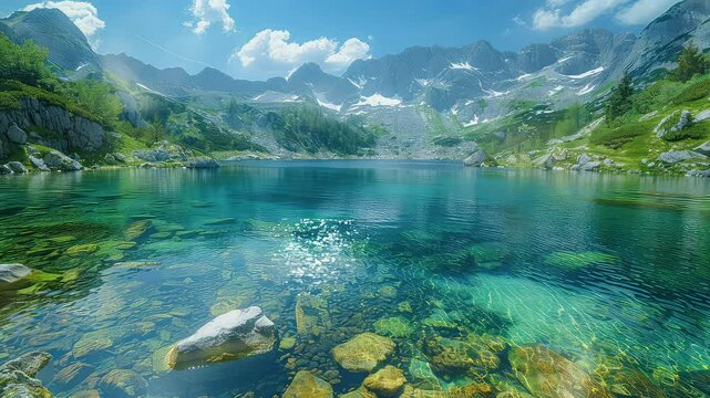 Animation Serene mountain and lake view under blue sky generated with ai