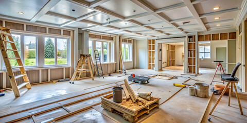 A high-quality stock photo showcasing a home renovation project in progress, home improvement, renovation