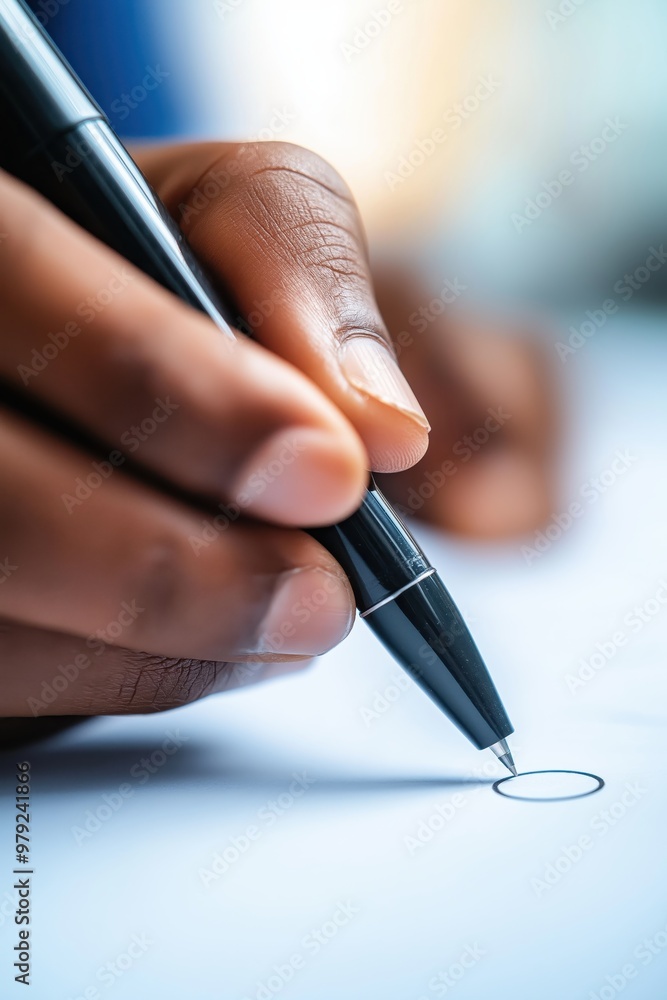 Poster closeup of a hand writing with a pen on a document or contract on a desk in an office setting
