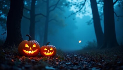 Naklejka premium Eerie Halloween path with glowing jackolanterns