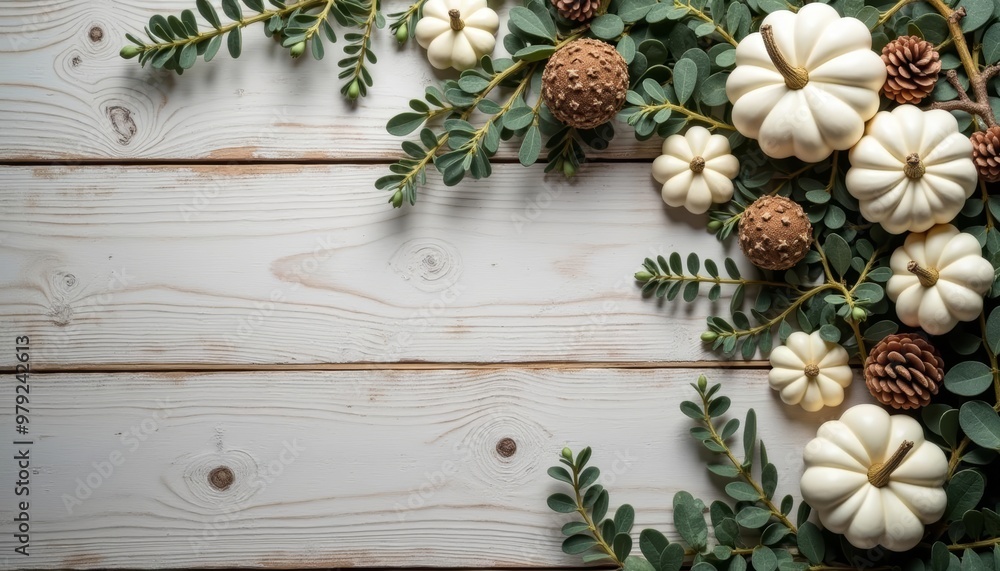 Canvas Prints  Natural beauty  A rustic wooden backdrop adorned with fresh greenery and white pumpkins