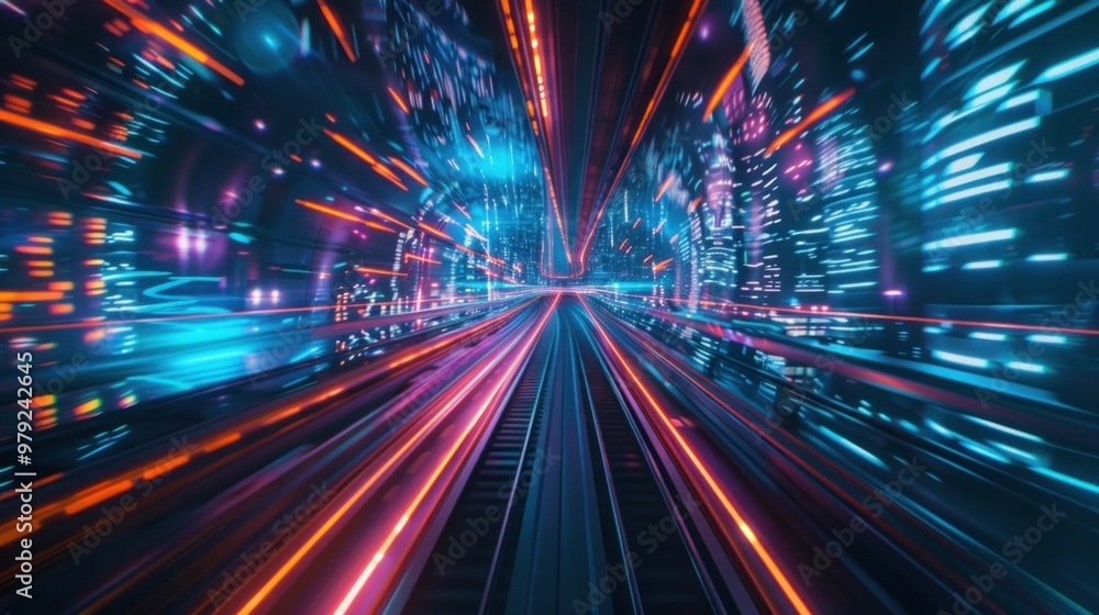 Poster futuristic cityscape with vibrant neon lights and dynamic movement, an abstract representation of hi