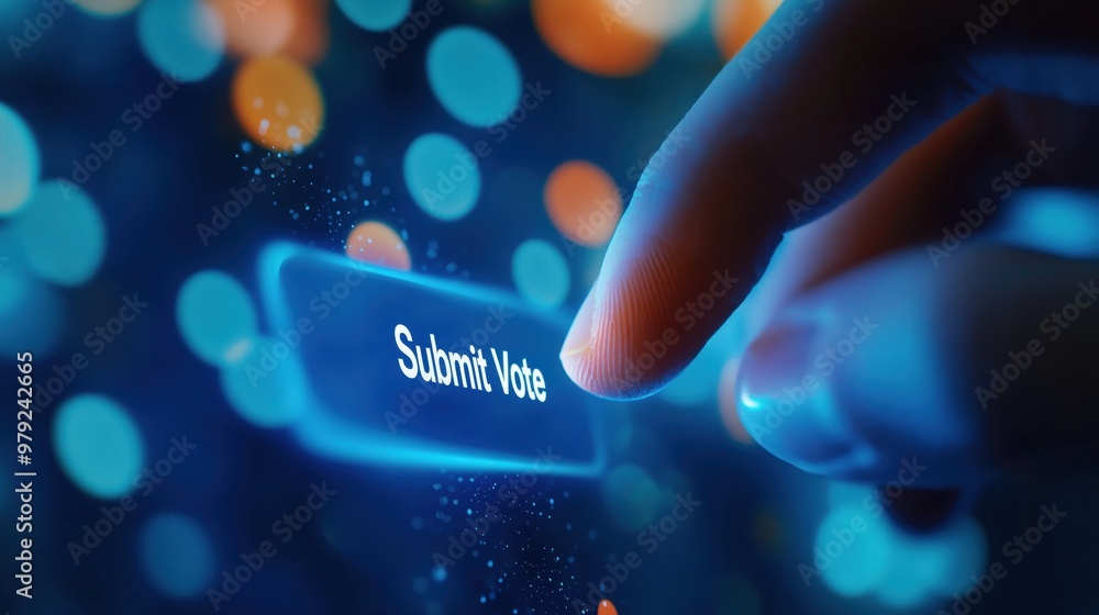 Poster Finger Pressing Submit Vote Button on Digital Screen with Blurry Colorful Bokeh Background