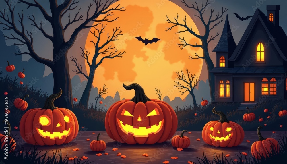 Sticker  Spooky Halloween scene with carved pumpkins and bats