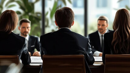Back view of a business team meeting around a table, discussing ideas and strategies.
