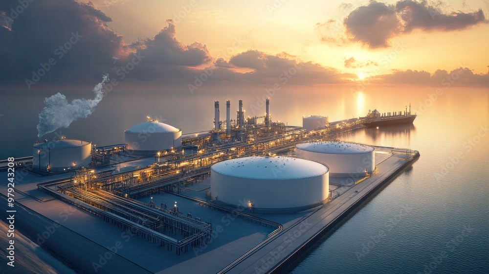 Poster an lng terminal with storage tanks and pipelines, showcasing the infrastructure required for the sto