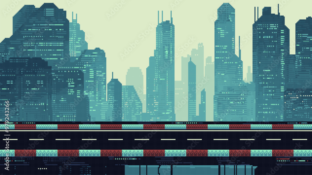Poster pixel art racing game level background, pixel retro design, 8 bit image, 2d racing track, road with 