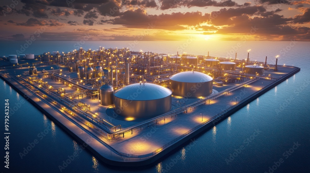 Poster an lng terminal with storage tanks and pipelines, showcasing the infrastructure required for the sto