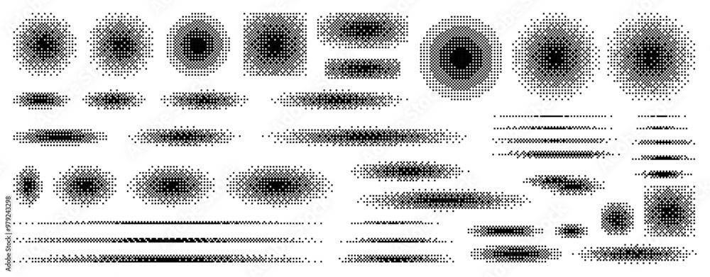 Poster Pixel art halftone shadows and circles set, round pixel gradients. Retro game elements. Radial decay effect. Mosaic textures. Dither Gradient. Vector illustration.