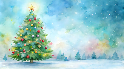 Obraz premium Watercolor painting of a whimsical Christmas tree, holiday, festive, decorations, ornament, celebration, winter, traditional