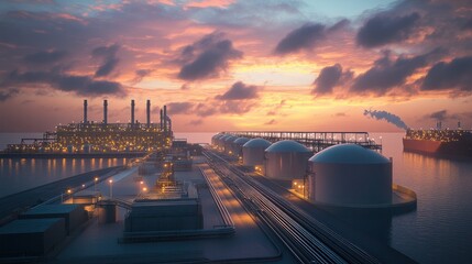 Naklejka premium An LNG terminal with storage tanks and pipelines, showcasing the infrastructure required for the storage and transport of liquefied natural gas to global markets