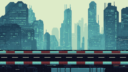 pixel art racing game level background, pixel retro design, 8 bit image, 2d racing track, road with futuristic city in the background, sci-fi, cityscape, race arcade vector illustration © hiten666