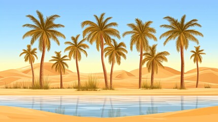 A desert oasis with a row of palm trees lining a small lake. The sand dunes stretch out into the distance under a clear blue sky.