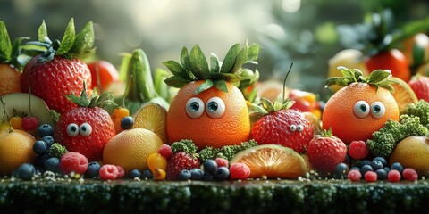 A vibrant city where animated fruits and veggies create a whimsical and joyful city atmosphere