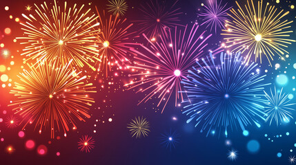Colorful fireworks display with red, blue, and yellow explosions in the night sky