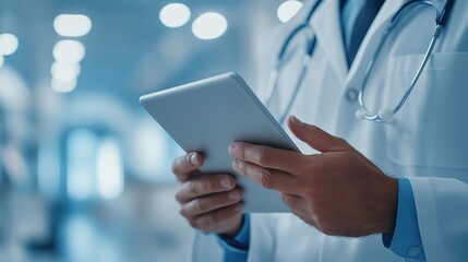 Medical Doctor Examining Patient Using Digital Tablet in Hospital Clinic Office