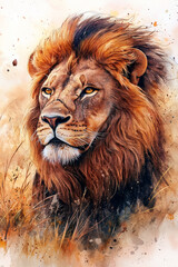 Majestic lion portrait with flowing mane, watercolor style in warm tones