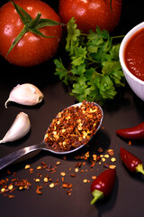 ingredients for making ketchup. ketchup in a white bowl on the table with tomatoes and parsley.