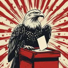 Naklejka premium Bald eagle voting with ballot box, vintage political art with patriotic red stripes