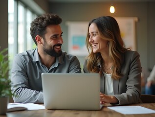 Multiethnic couple of positive colleagues talking at laptop, working together in co-working space, discussing creative ideas for project, watching video presentation online in notebook at coffee work