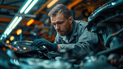 Focused Mechanic in Gray Suit Skillfully Working on Vehicle in Modern Auto Repair Shop