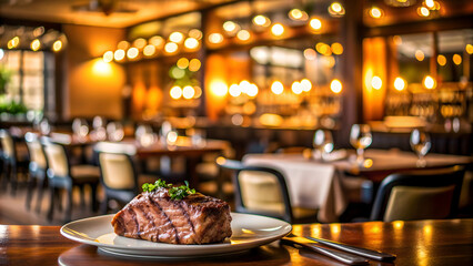 Fototapeta premium Blurry steak restaurant in the background , food, restaurant, steak, blurred, background, dining, gourmet, cuisine, table