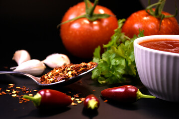 ingredients for making ketchup. ketchup in a white bowl on the table with tomatoes and parsley.
