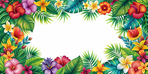 Colorful tropical florals frame on white background in comic drawing style, tropical, florals, frame, white background