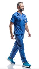 Naklejka premium Doctor walking, full body picture, blue uniform