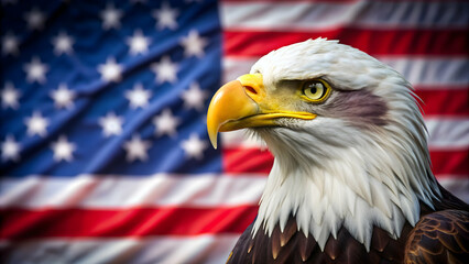 Naklejka premium Eagle face isolated on USA flag background , patriotism, American, symbol, majestic, proud, national emblem