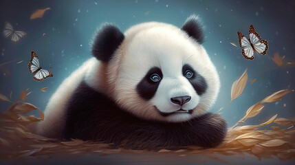 Interpretation of a fabulous little panda bear with butterflies, gradient background. AI generated.