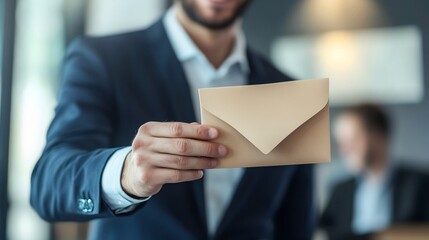 Successful businessman receiving envelope with salary raise or bonus, expressing joy and satisfaction. Corporate reward, financial incentive, and career advancement concept in professional workplace 