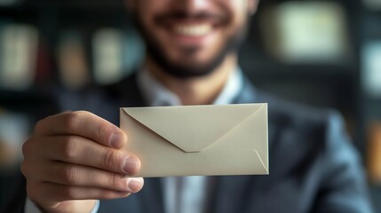Successful businessman receiving envelope with salary raise or bonus, expressing joy and satisfaction. Corporate reward, financial incentive, and career advancement concept in professional workplace 