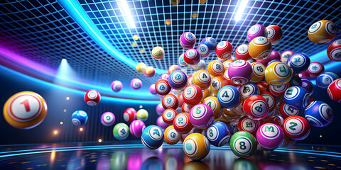 Bingo balls cascading in a futuristic digital casino setting, bingo, balls, cascade, colorful, waterfall, hope, gamble