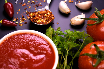 ingredients for making ketchup. ketchup in a white bowl on the table with tomatoes and parsley.