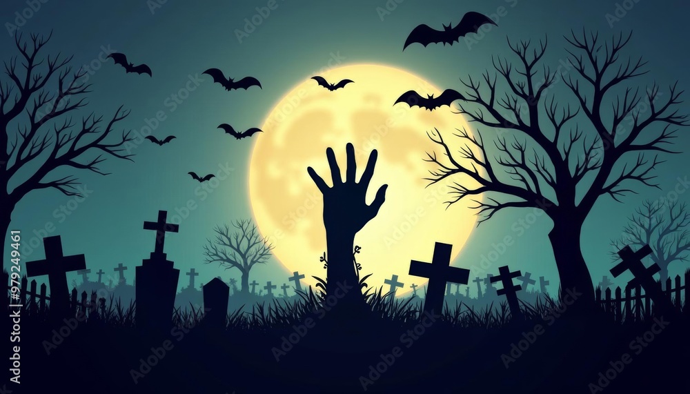 Wall mural  Haunting Halloween night with bats and gravestones