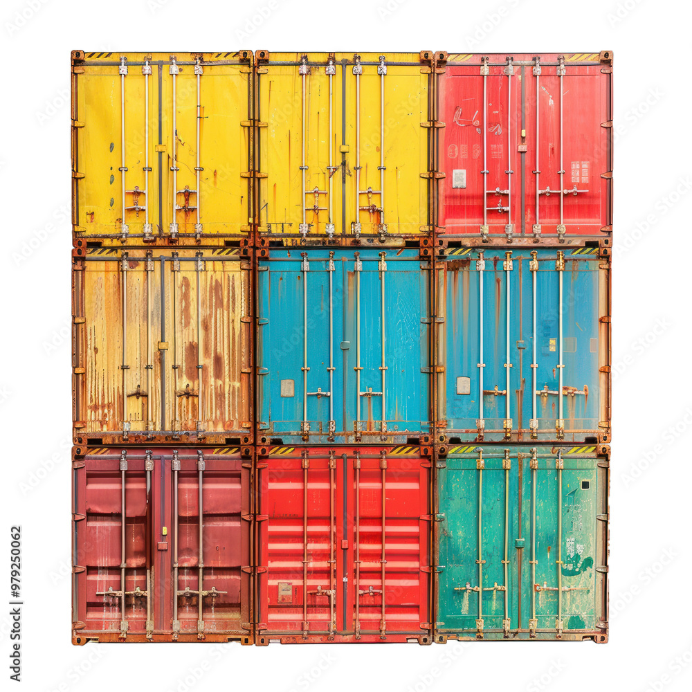 Poster nine colorful shipping containers stacked three high are showing signs of age with rust and chipped 