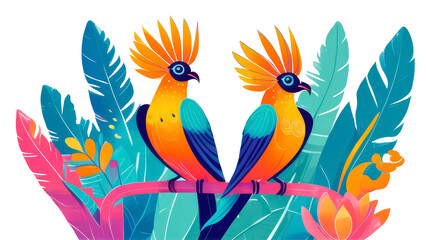 Obraz premium Two bright tropical birds on a branch. Illustration isolated on transparent background.