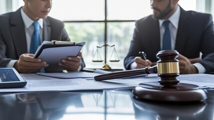 Two lawyers discussing legal documents in a courtroom.