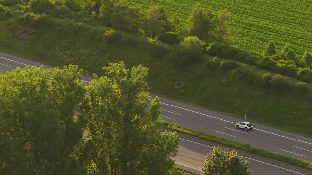 Cars and truck driving on Germany's A8 highway near Bubesheim, surrounded by green fields