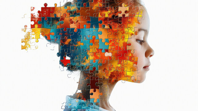 ADHD, attention deficit hyperactivity disorder, autism. Head of a child with puzzle pieces. World autism awareness day concept.