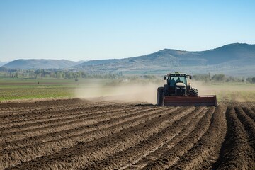 Naklejka premium A tractor plowing a field, creating dust in a rural landscape with mountains in the background.