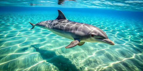 Obraz premium Dolphin gracefully swimming in crystal clear water, dolphin, marine life, aquatic mammal, elegance, playful