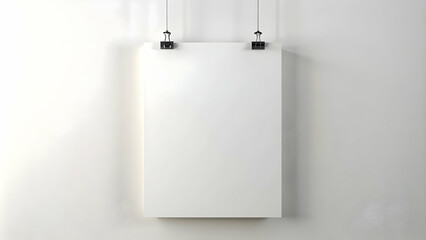 Blank vertical poster mockup hanging from clips on a white wall. rendering, poster