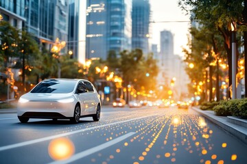 A sleek modern car navigates a vibrant city street, illuminated by warm lights and towering buildings, showcasing urban life.