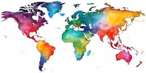 Fototapeta premium Colorful watercolor world map on background, watercolor, colorful, world map,painting, artistic, global, geography, travel