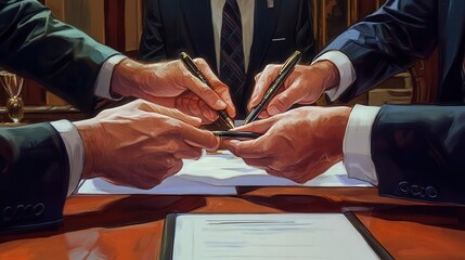 Obraz premium Close-up of four hands signing a contract with pens on a table.