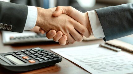 Businessmen shaking hands over a signed contract and a calculator.