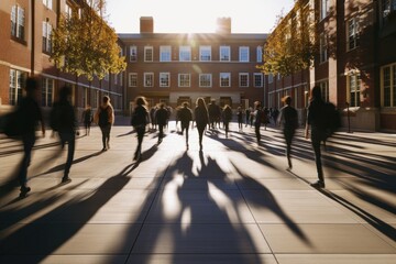 Students walking through the courtyard buildings college campus.