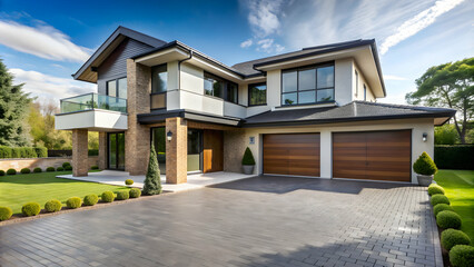 A modern house with a spacious driveway , modern, house, driveway, home, residential, exterior, architecture, building